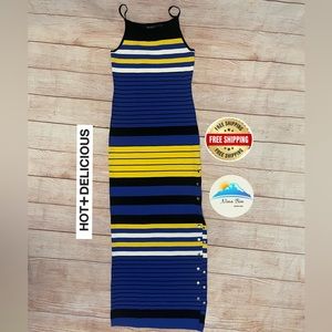 Hot & Delicious striped bodycon maxi dress size L Junior’s blue white yellow